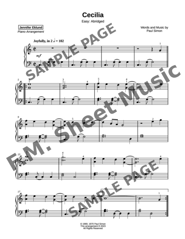 Cecilia Easy Piano By Simon And Garfunkel Fm Sheet Music Pop Arrangements By Jennifer Eklund 4872
